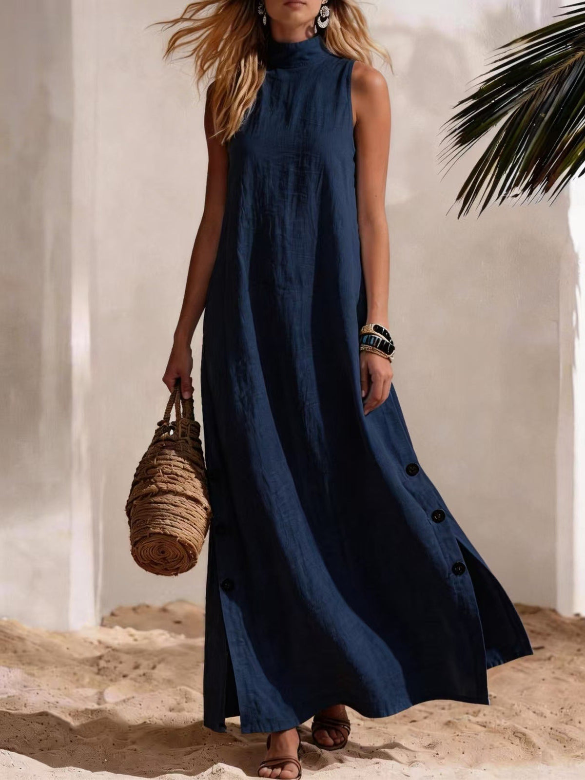 Cotton Linen Sleeveless Midi Dress – Side Slits & Loose Fit