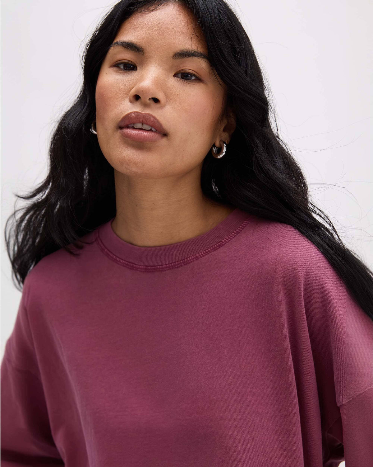 Womens Relaxed Crop Long Sleeve Tee - Pigment Dye Jersey - Burgundy