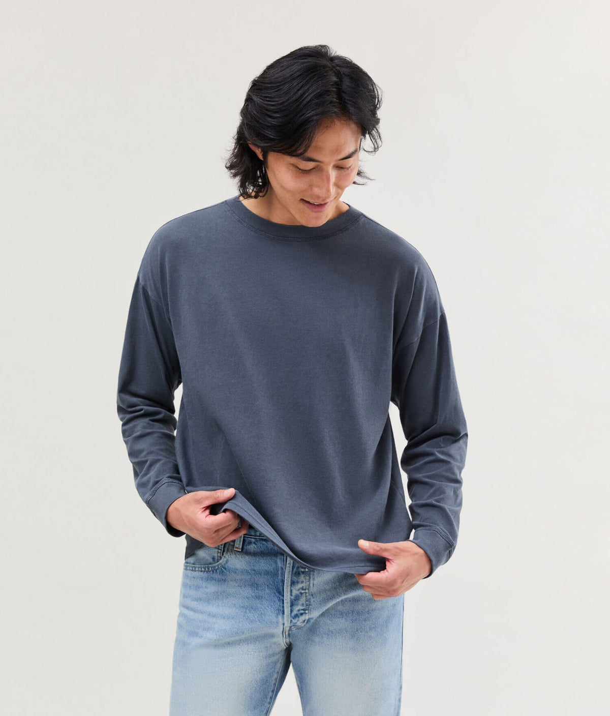 Mens Relaxed Long Sleeve Tee - Pigment Dye Jersey - Blue Steel