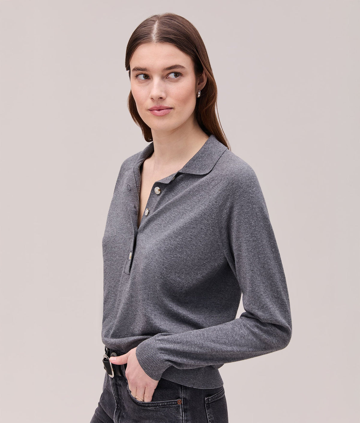 Womens Washable Cotton Silk Henley - Cotton Sweater Knit - Charcoal Heather Grey
