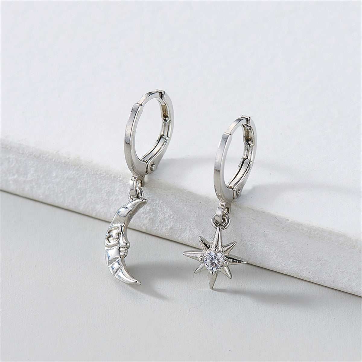 Cubic Zirconia & Silvertone Sun & Moon Asymmetrical Huggie Earrings