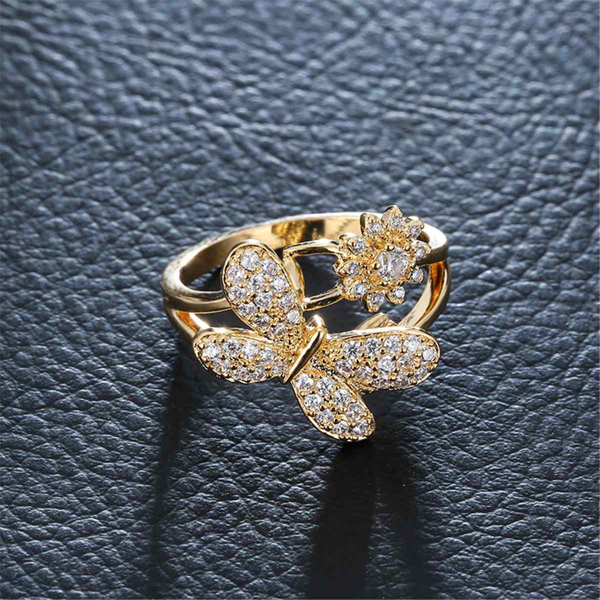 Cubic Zirconia & Goldtone Dragonfly Ring