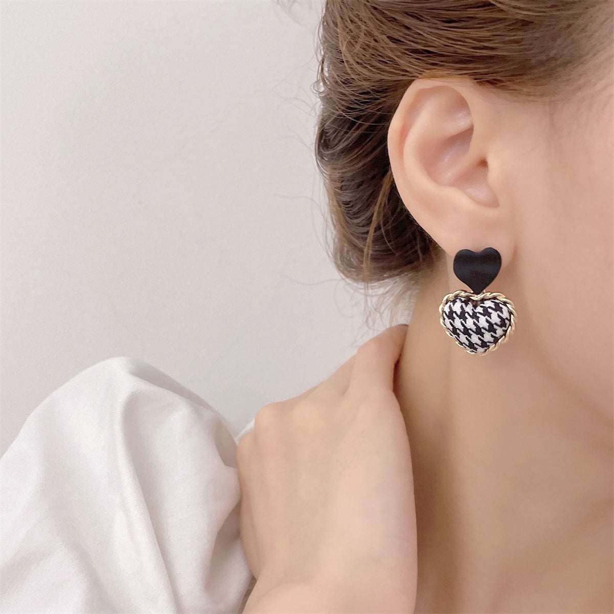 Black Enamel & Polyster Goldtone Checkboard Heart Drop Earrings