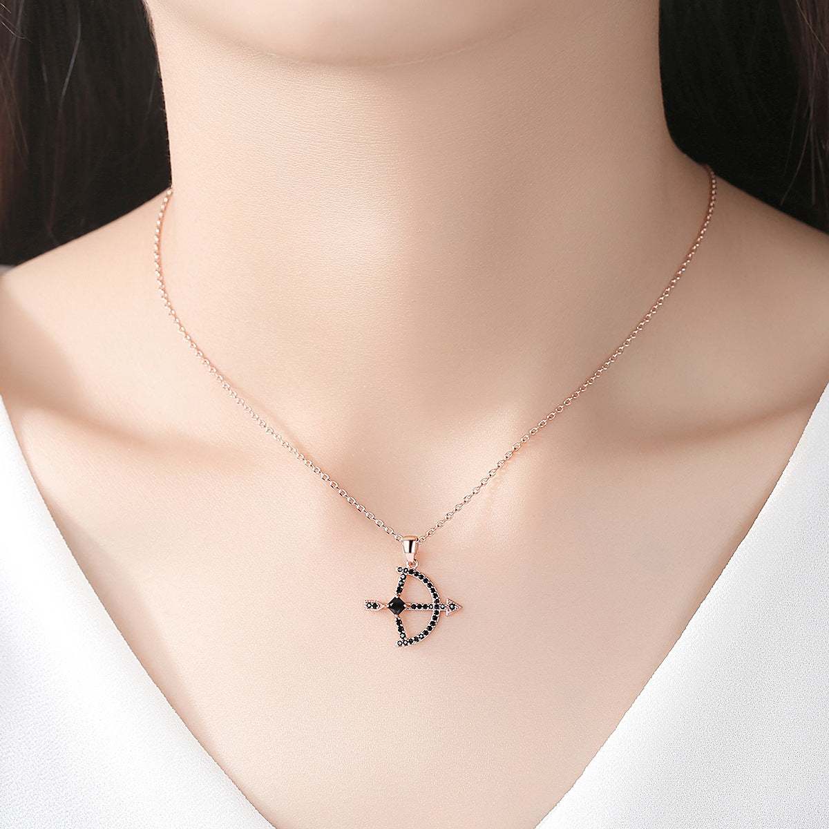 Black Crystal & Cubic Zirconia Rose Goldtone Bow Arrow Pendant Necklace
