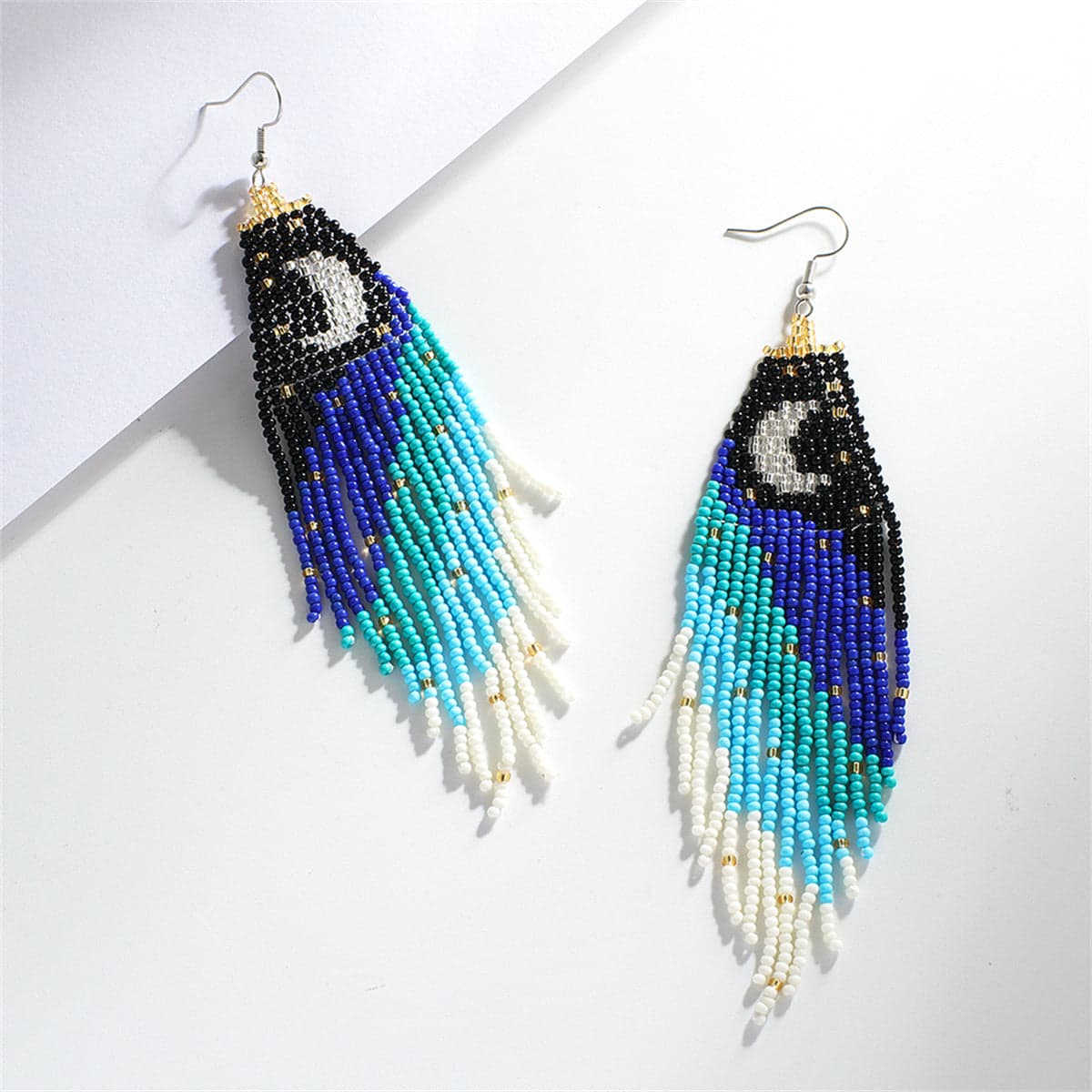 Black & Blue Howlite Moon Tassel Drop Earrings