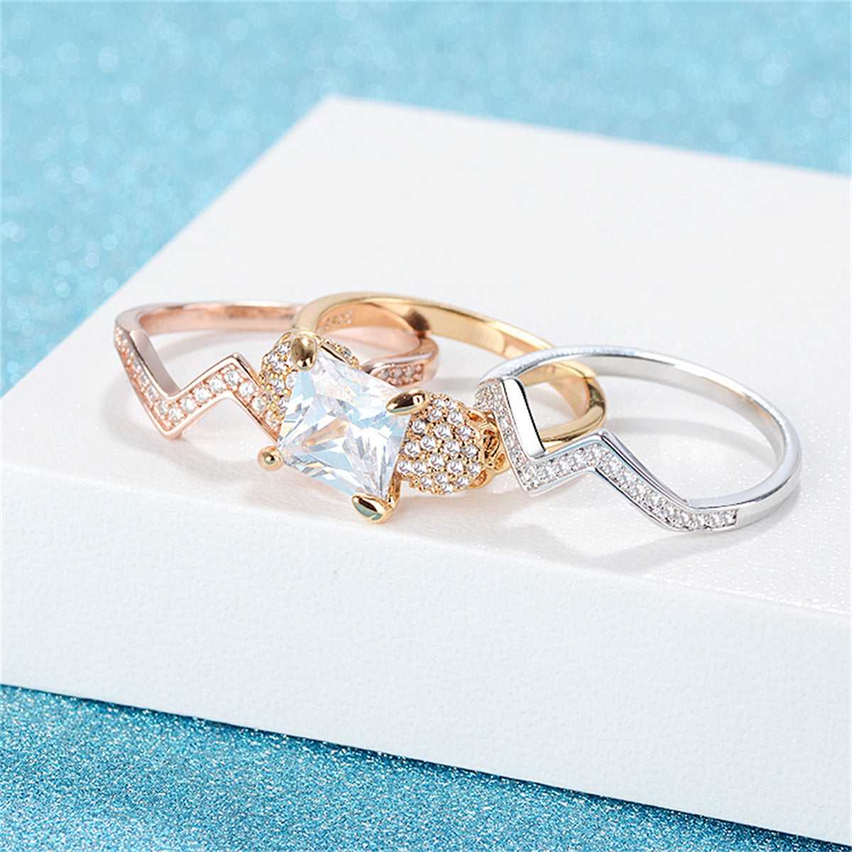 Crystal & Cubic Zirconia Tri-Tone Skull & Band Ring Set