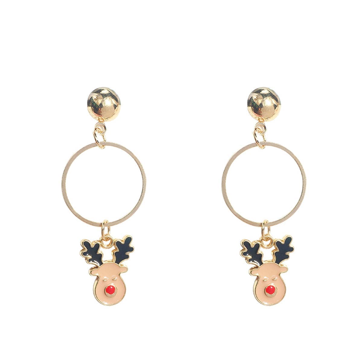 Beige Enamel & Goldtone Reindeer Circle Drop Earrings