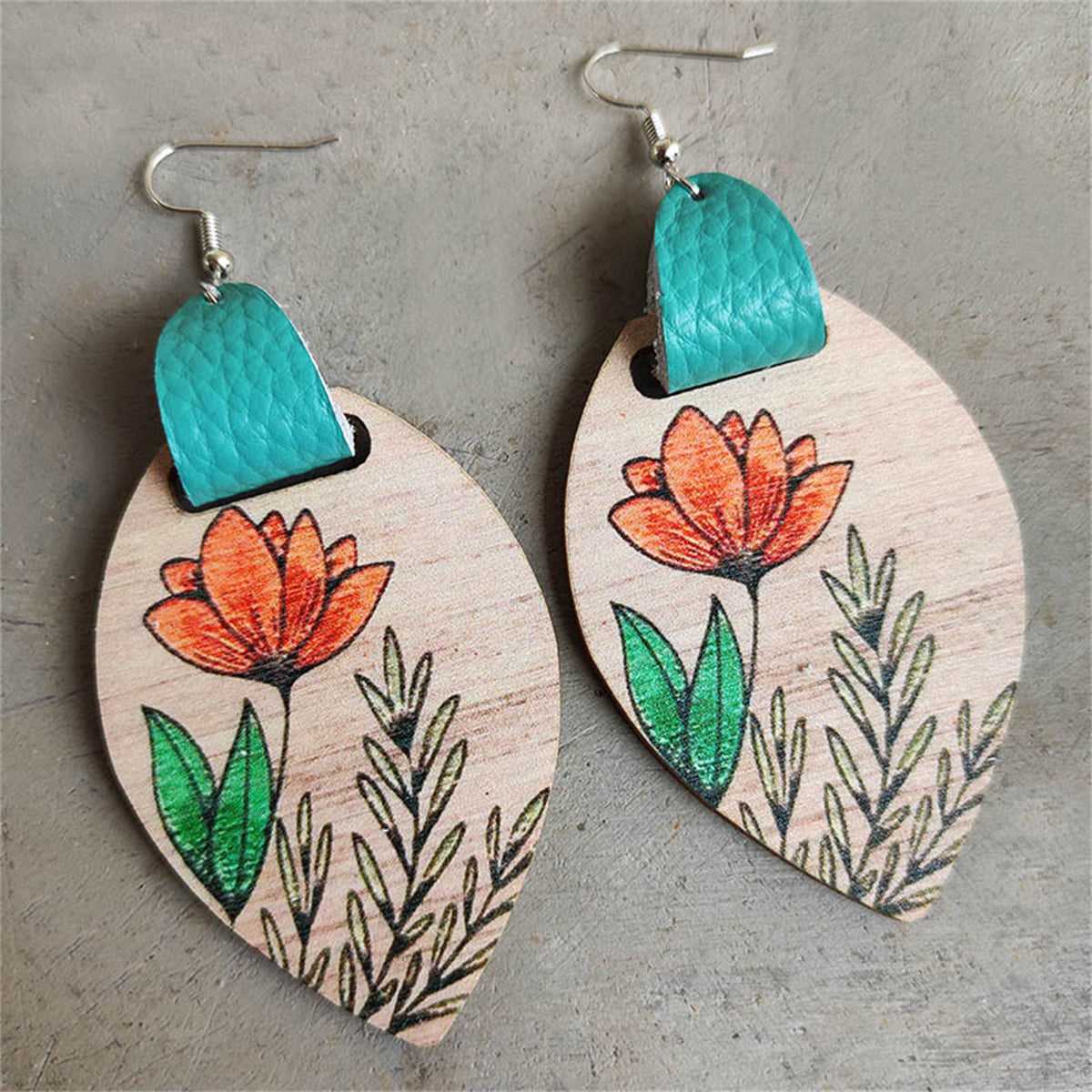 Brown Wood & Silvertone Floral Drop Earrings