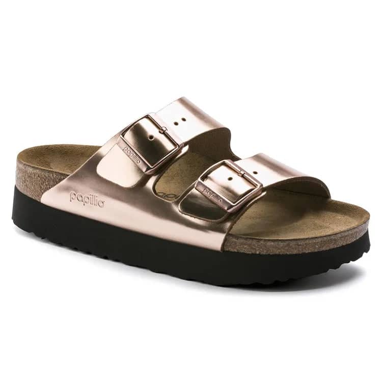 Birkenstock Women's Arizona Platform Leather Metallic Copper Sandals