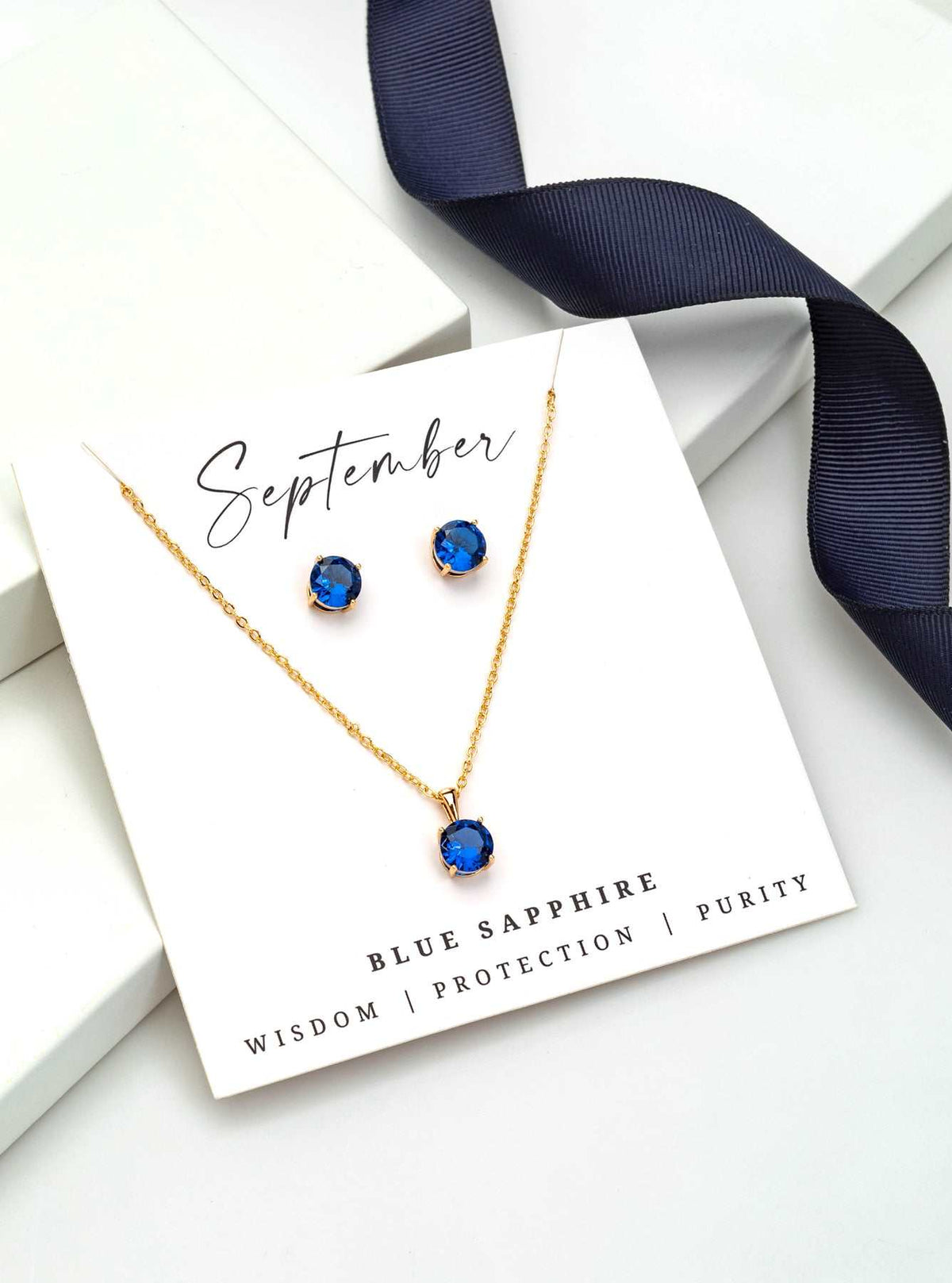 Gold Blue Sapphire - September Swarovski Crystal Necklace Earrings – Cz Birthstone Stud Earring Circular Pendant Set