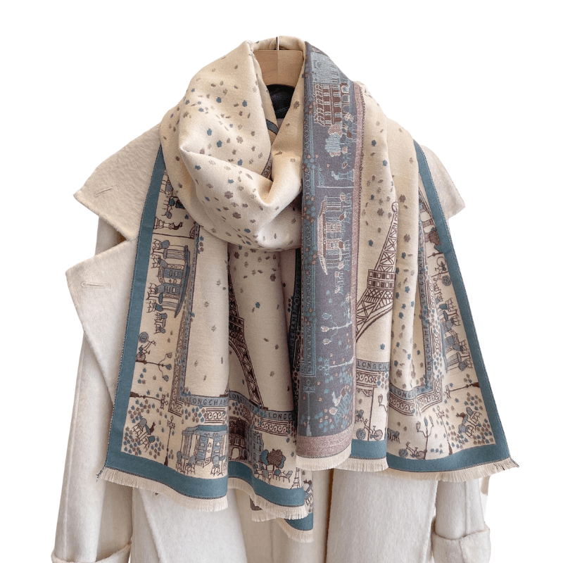 Beige & Dusty Blue Parisian Patterned Fringe-Trimmed Scarf