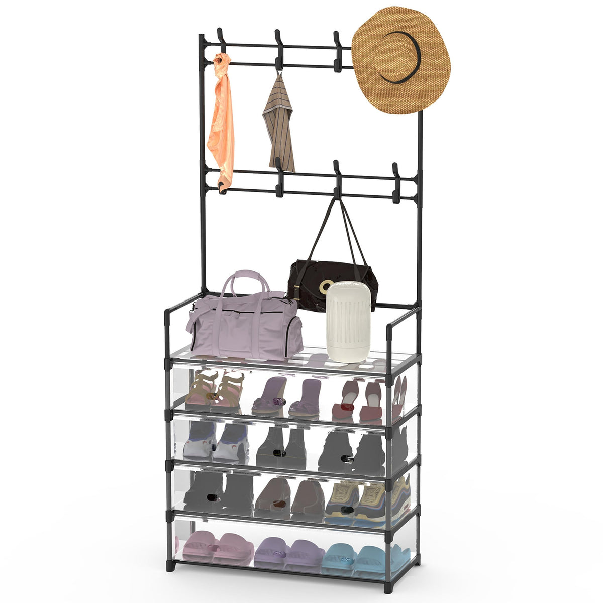 Fresh Fab Finds 5-Tier Dustproof Entryway Hall Tree Coat Rack Shoe Rack With 8 Removable Hooks Freestanding Shoe Storage Shelf Hat Clothes Organizer For Front Door Be