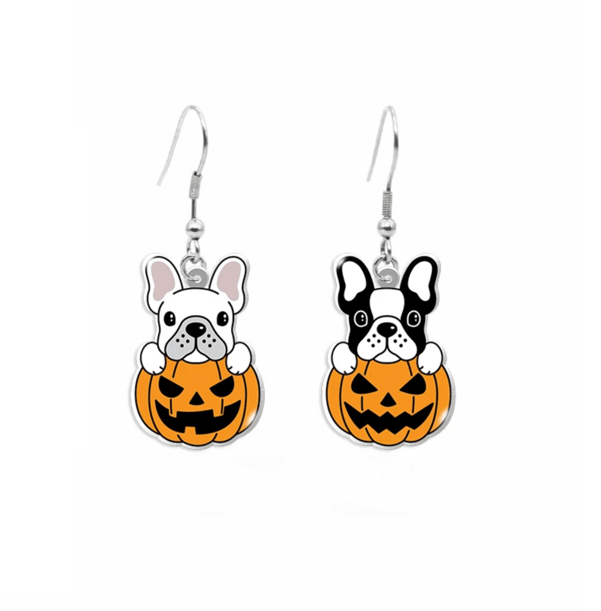 Cute Asymmetrical Pug Dogs In Pumpkin Drop Earrings