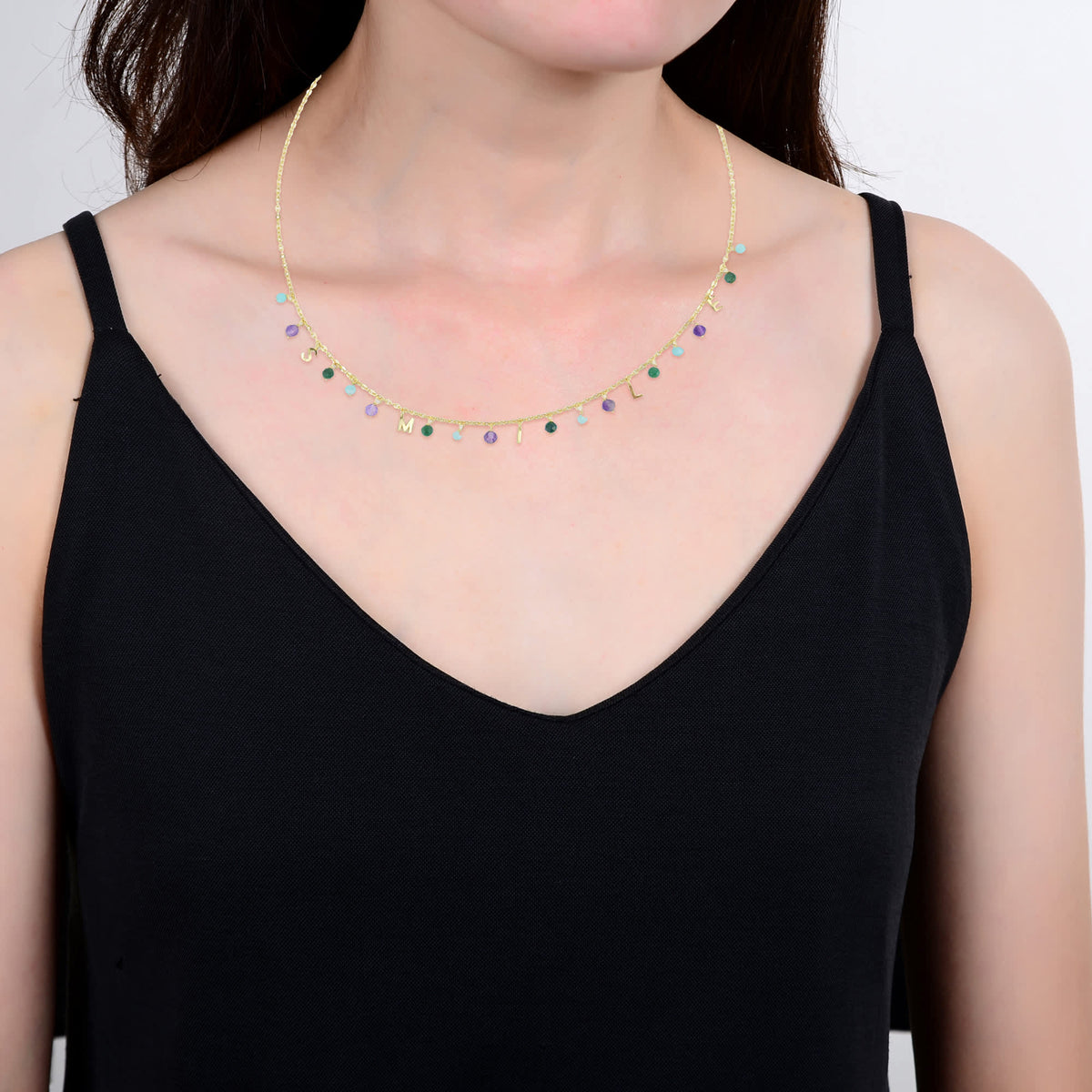 Gold Over Sterling Silver Natural Amazonite, Jade and Amethyst Smile Necklace with 18"