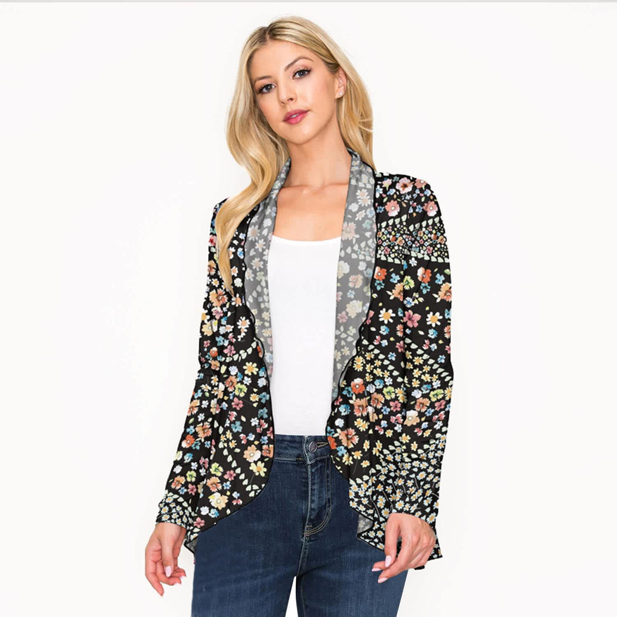 Black Floral Print Open Front Long Sleeve Cardigan