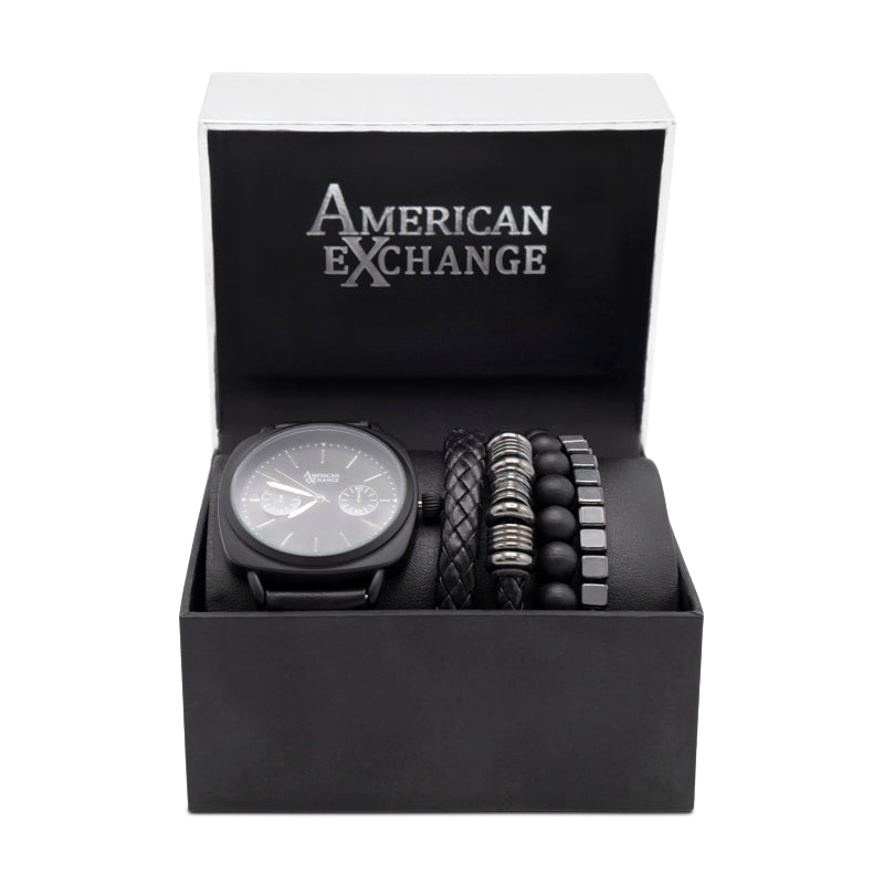 American Exchange Black Mens Leather Watch With Bracelets 5323