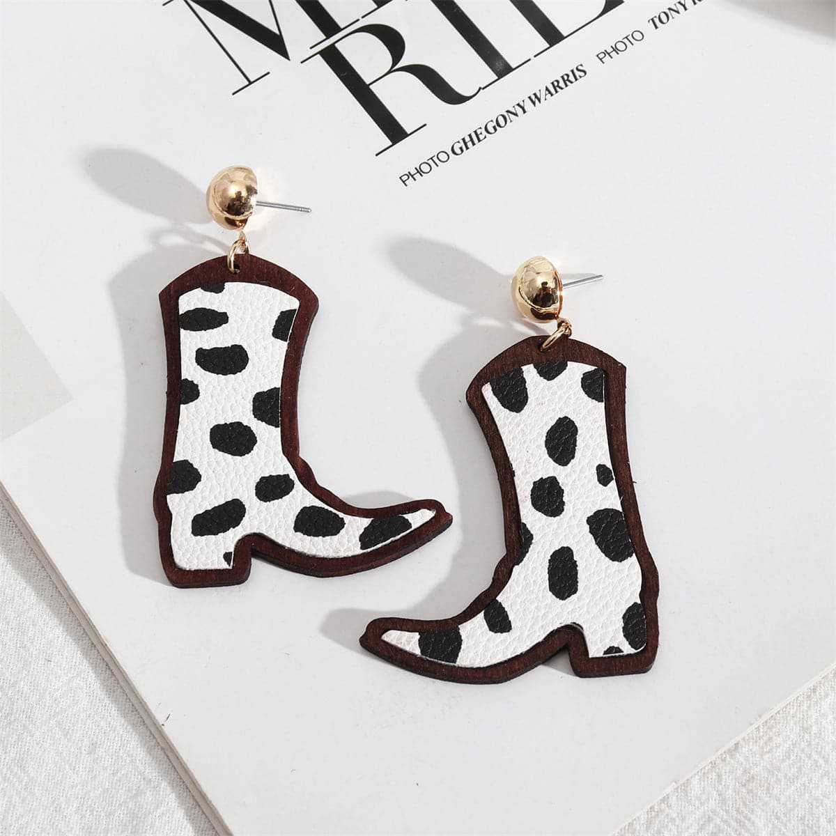 Black & Wood Spots Cowboy Boot Drop Earrings