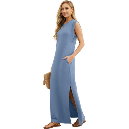 ✨Women Summer Crew Neck Casual Loose Split Wrinkle-Free Long Maxi Beach Dress with Pockets