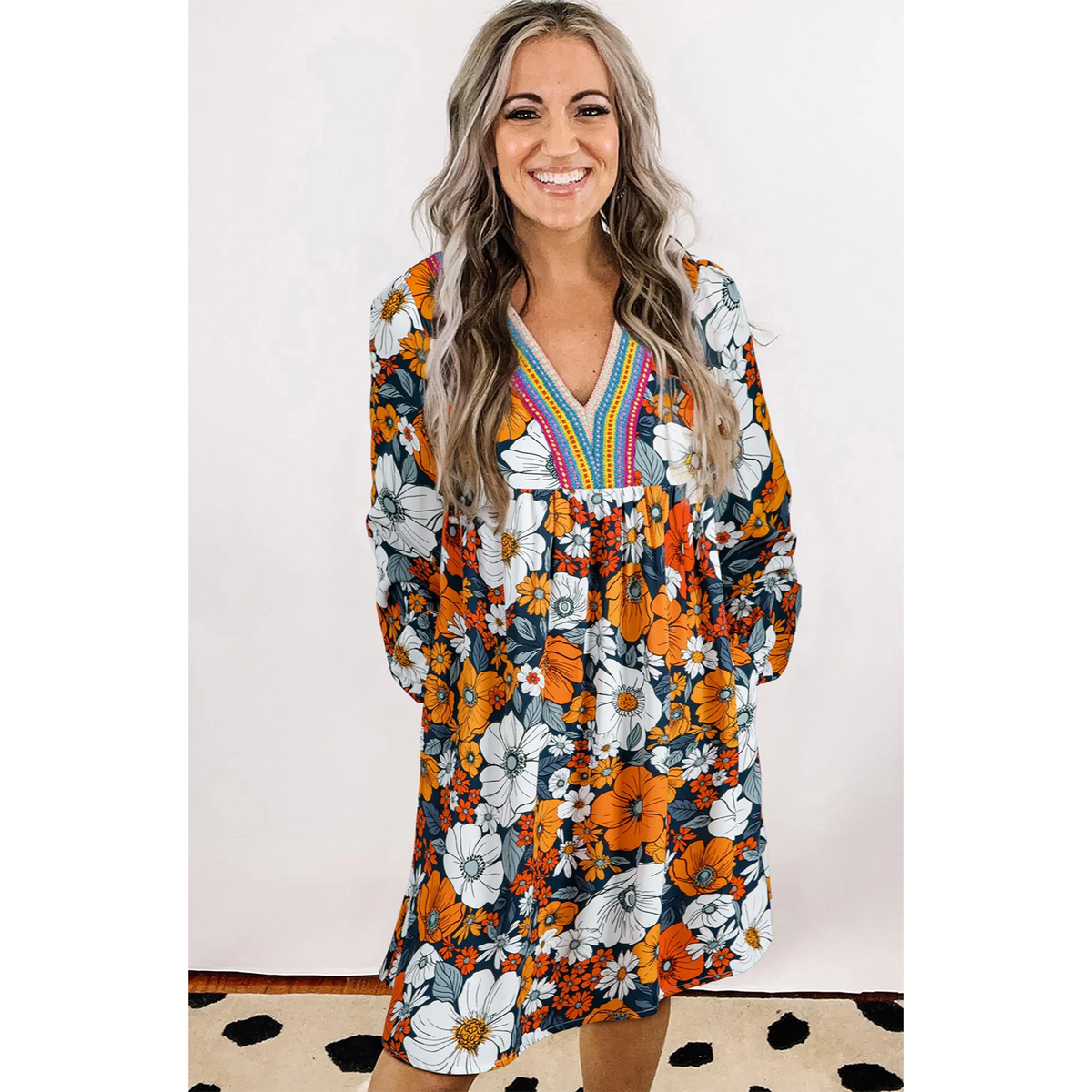 Brookelyn - Orange Floral Print Striped Lace V Neck Long Sleeve Mini Dress