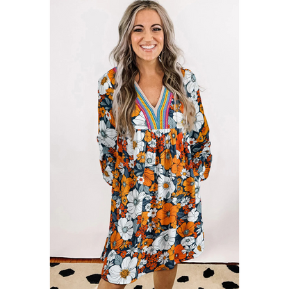Brookelyn - Orange Floral Print Striped Lace V Neck Long Sleeve Mini Dress