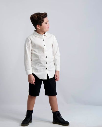 Black Buttons Long Sleeve Dress Shirt with Houndstooth Contrast