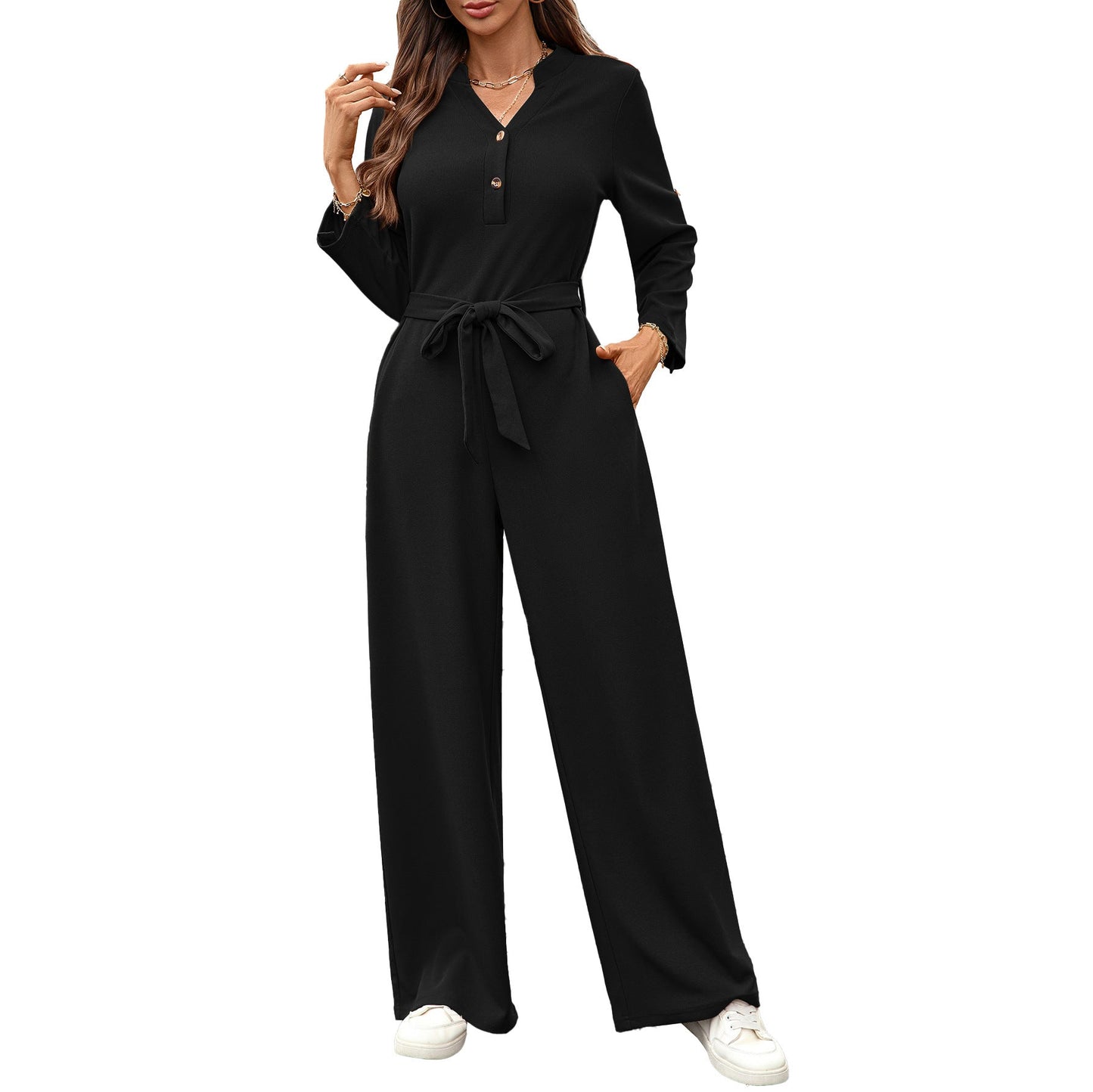 Solid color high waisted button up long sleeved loose jumpsuit