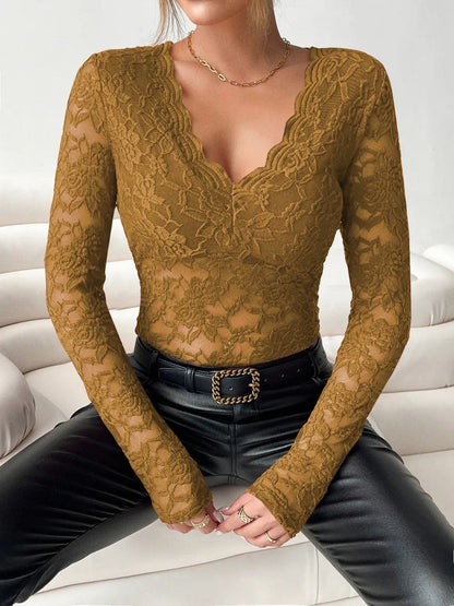 V-neck fan-shaped collar solid color long sleeved slim fit top with lace top