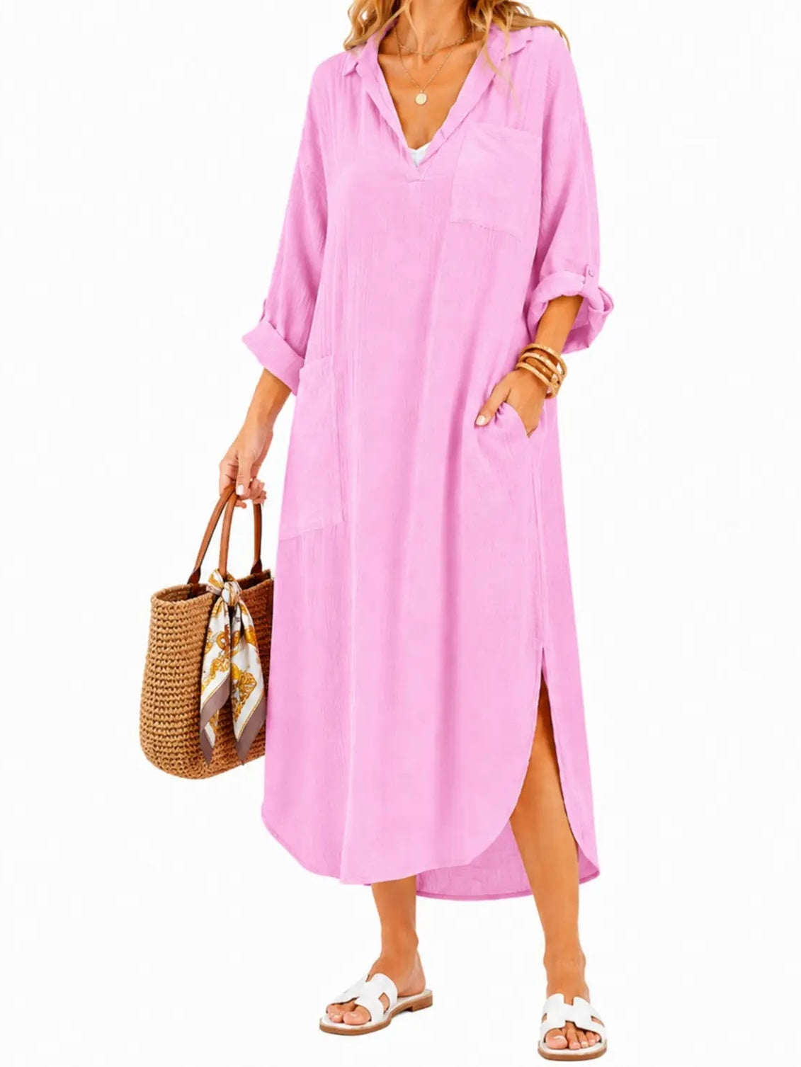 Womens Casual Loose Long Shirt Dress Side Split Dresses with Pockets