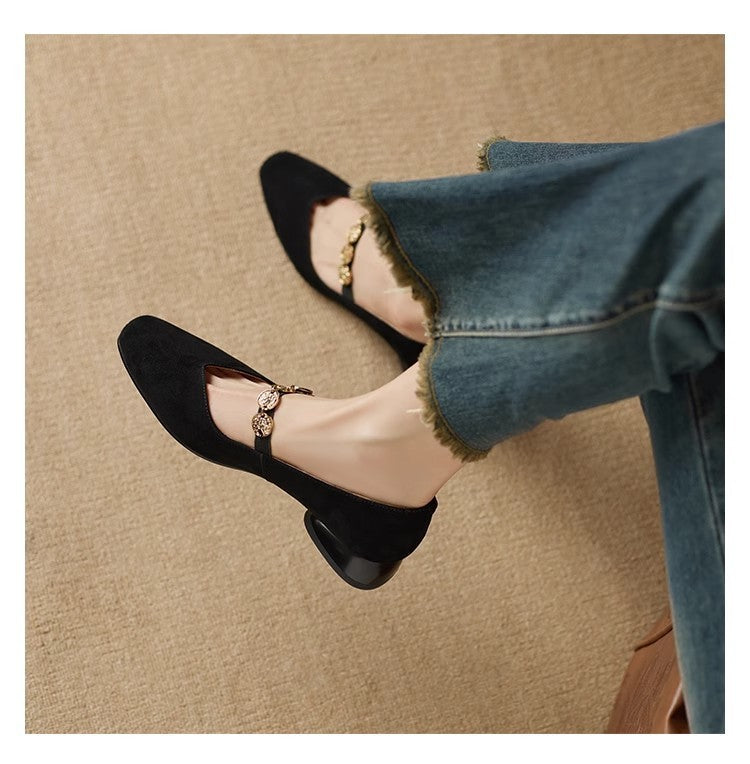 French Retro Square-Toe Suede Pumps – Women’s Low-Cut Autumn Style