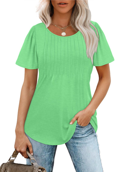 Women's Short Sleeve Pleated Dressy Casual Scooped Neck Tops