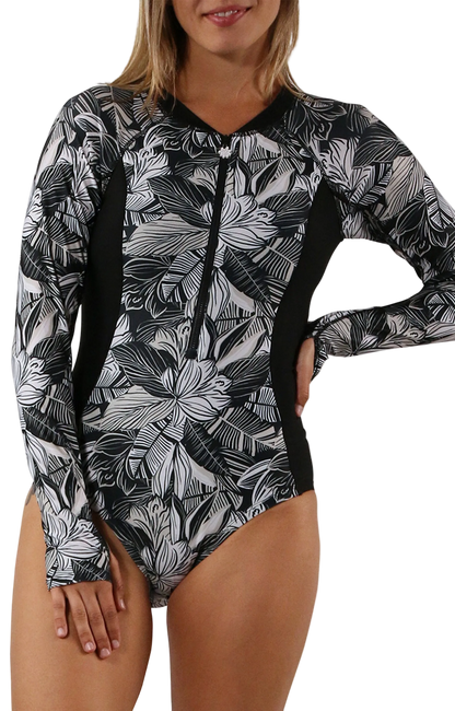 UV Skinz Women's Long Sleeve Half Zip Swimsuit - Woodblack Tropics