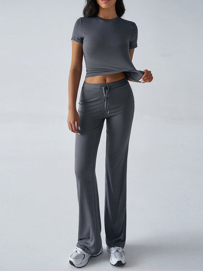 Crew Neck Short Sleeve Top & Full-Length Pants Set – Solid Color, 10 Colors