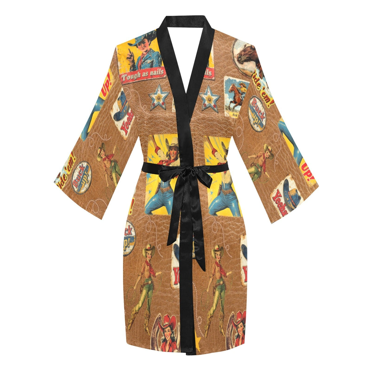 Baha Ranch Vintage Cowgirl Collage Kimono Satin Robe