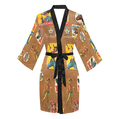 Baha Ranch Vintage Cowgirl Collage Kimono Satin Robe