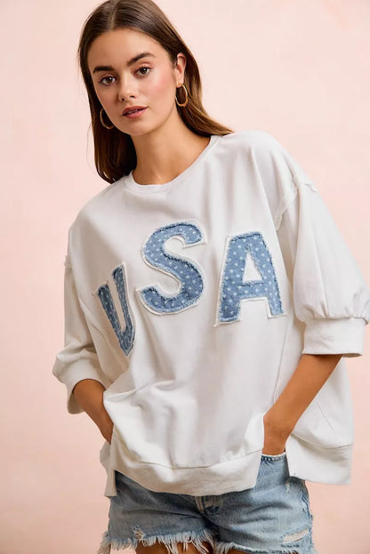 BiBi 4th Of July Usa Letter Patchwork French Terry Top