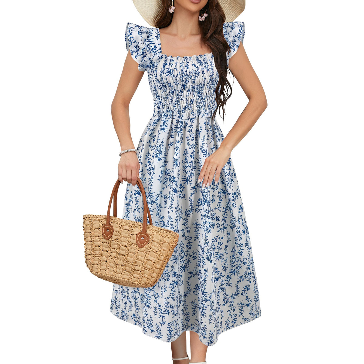 Printed Dress Square Collar A-line Long Dress