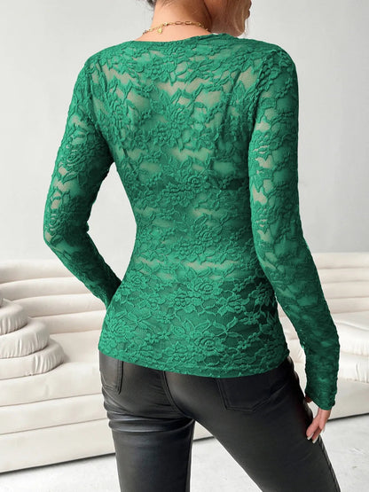 V-neck fan-shaped collar solid color long sleeved slim fit top with lace top