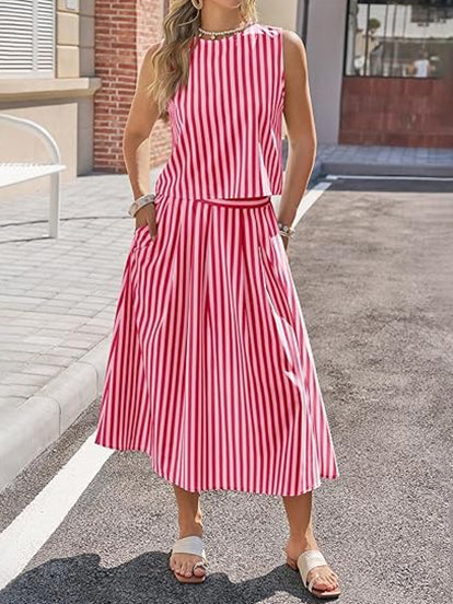 Women's Striped Sleeveless Top & Midi Skirt Set