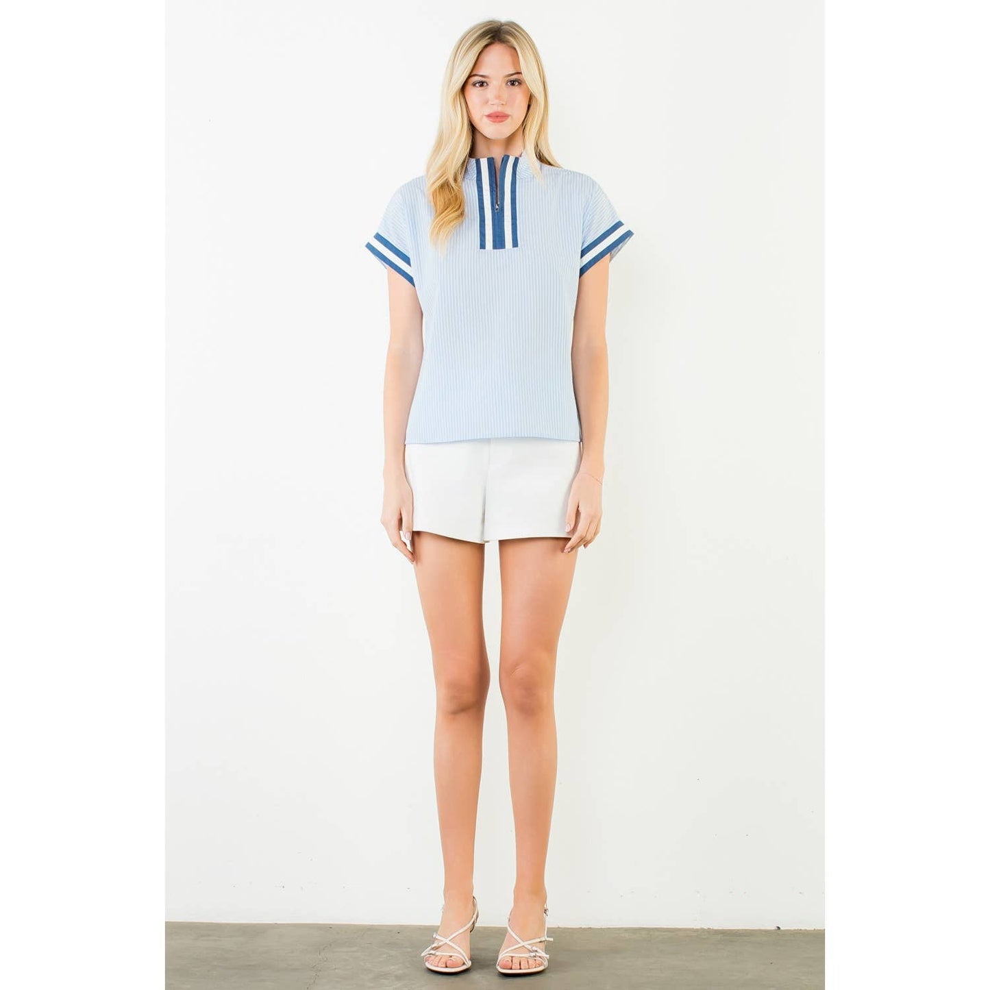 Ally-Short Sleeve Striped Half Zipper Top