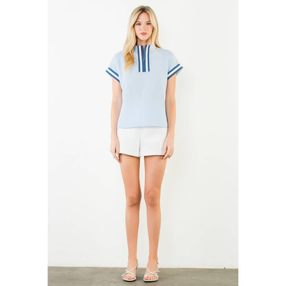 Ally-Short Sleeve Striped Half Zipper Top