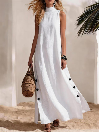 Cotton Linen Sleeveless Midi Dress – Side Slits & Loose Fit
