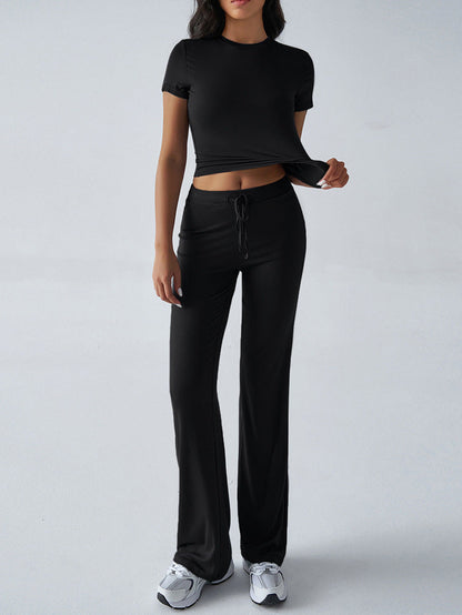 Crew Neck Short Sleeve Top & Full-Length Pants Set – Solid Color, 10 Colors