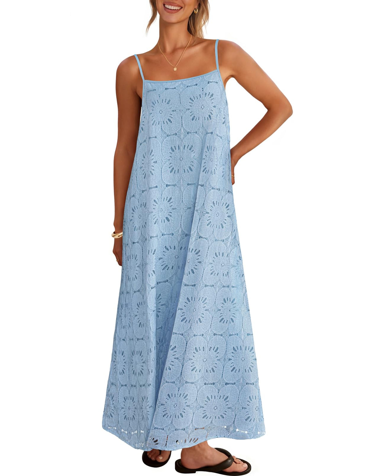 2026 Casual Sleeveless Floral Lace Eyelet Boho Beach Maxi Dress