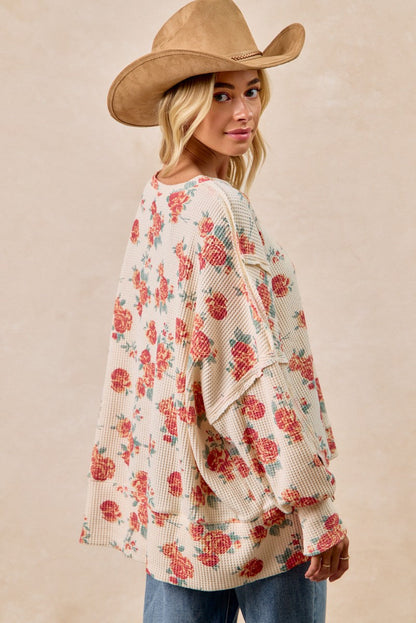 BiBi Floral Print Oversized Waffle Thermal Top