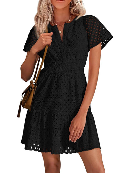 Women's V Neck A Line Hollow Out Lace Dress
