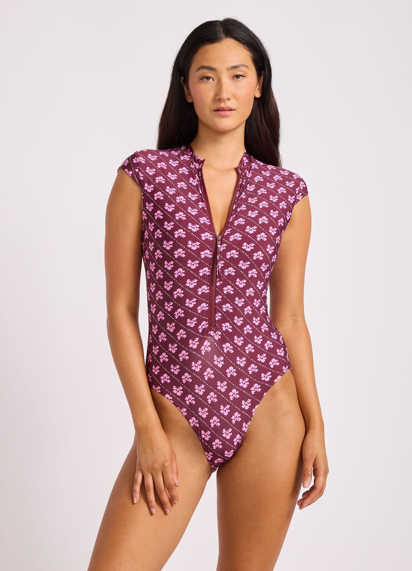 Batik Bloom Cap Sleeve Zip Front One Piece Swimsuit
