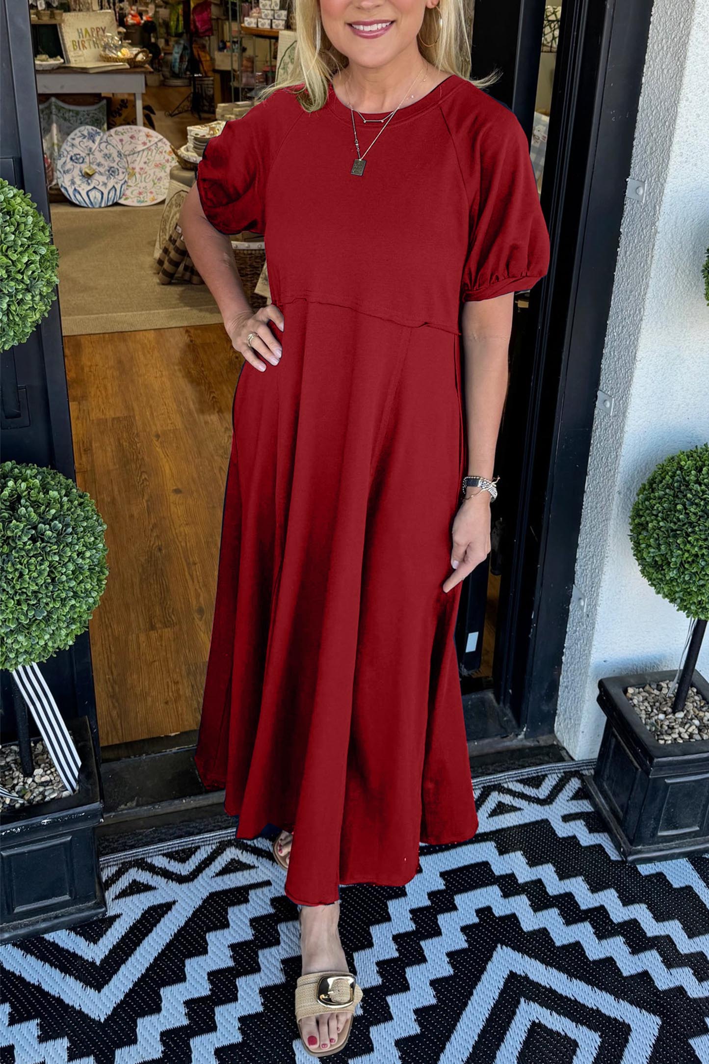 Women's Puff Sleeve Round Neck Long Dress