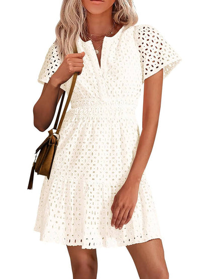 Women's V Neck A Line Hollow Out Lace Dress