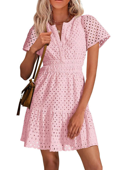 Women's V Neck A Line Hollow Out Lace Dress