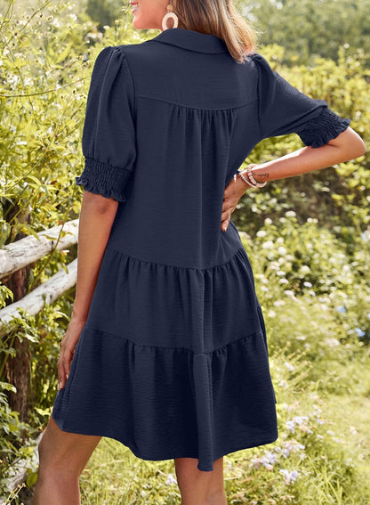✨Smocked Sleeve Tiered V-Neck Mini Dress